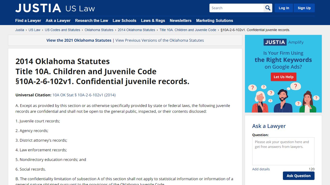 §10A-2-6-102v1. Confidential juvenile records. :: 2014 Oklahoma ...